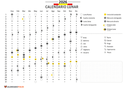 Calendario 2026 con Fases Lunares