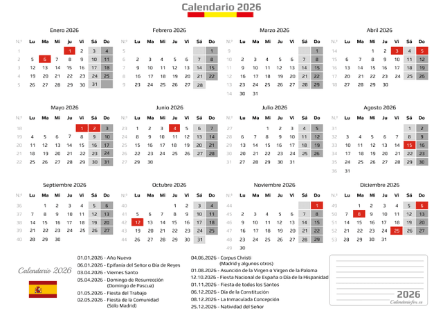 Calendario Annual 2026 con festivos