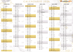 Calendario 2026 con semanas numeradas