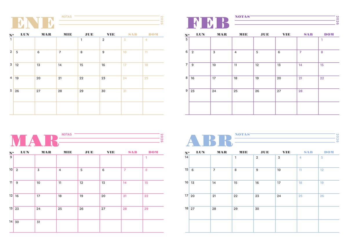 Calendario de 4 meses colorido