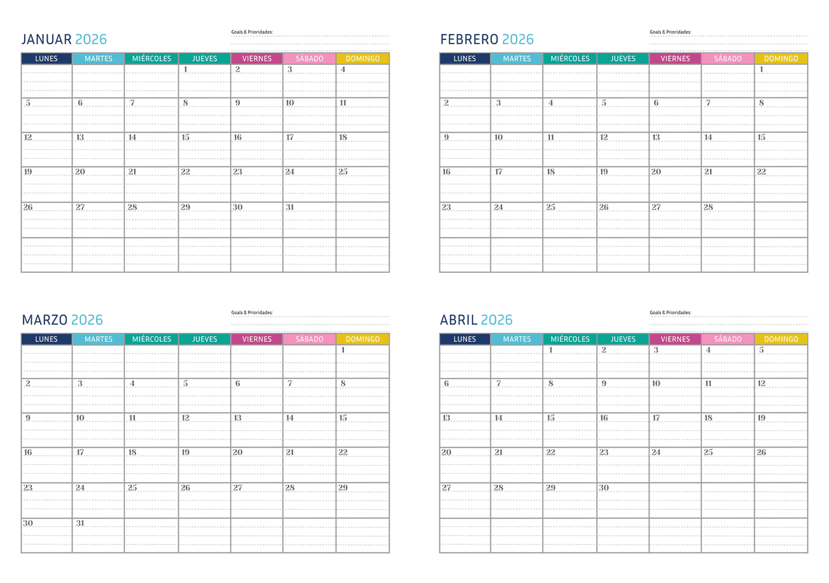 Calendario de 4 meses arcoíris