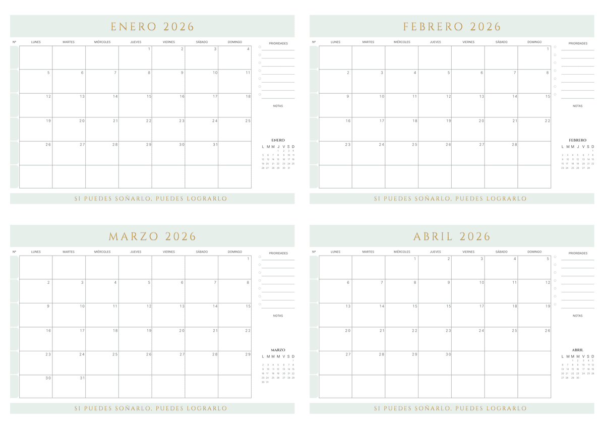 Calendario de 4 meses color salvia