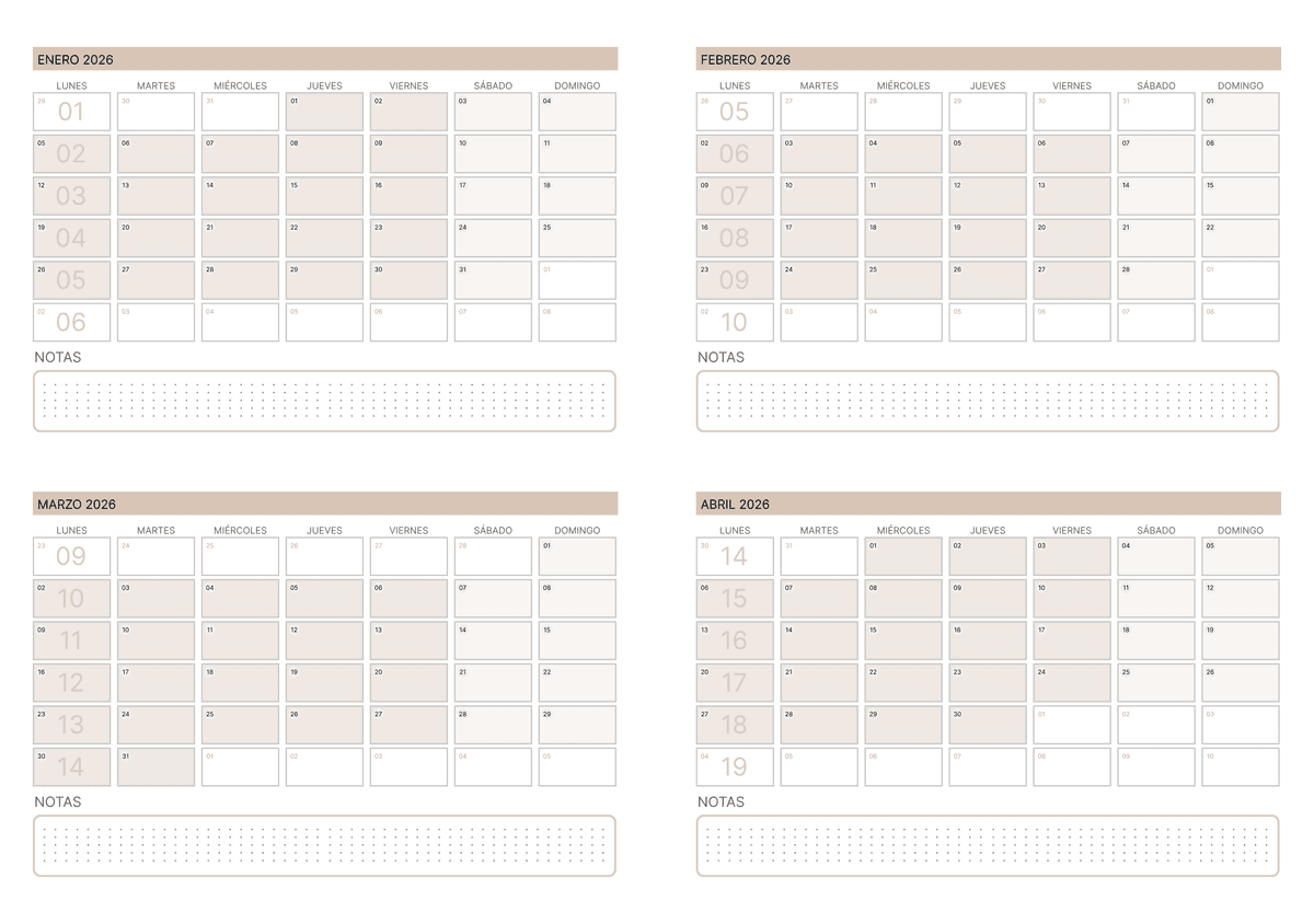 Calendario de 4 meses en color crema