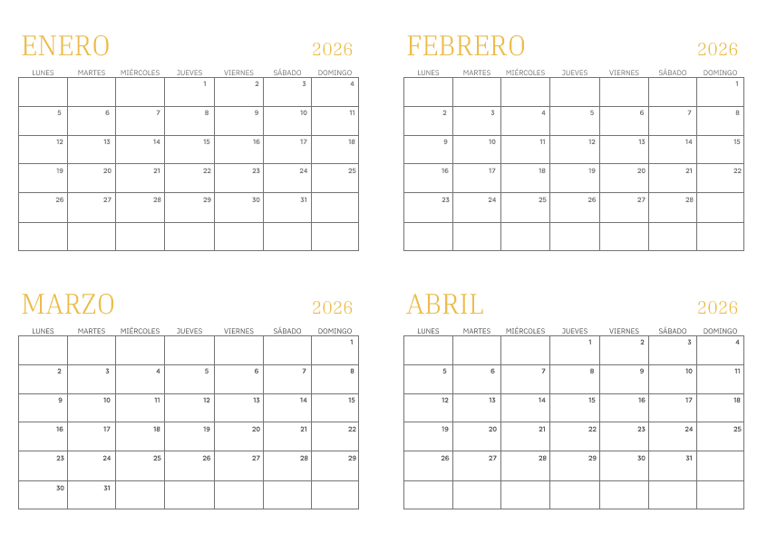 Calendario clásico de 4 meses