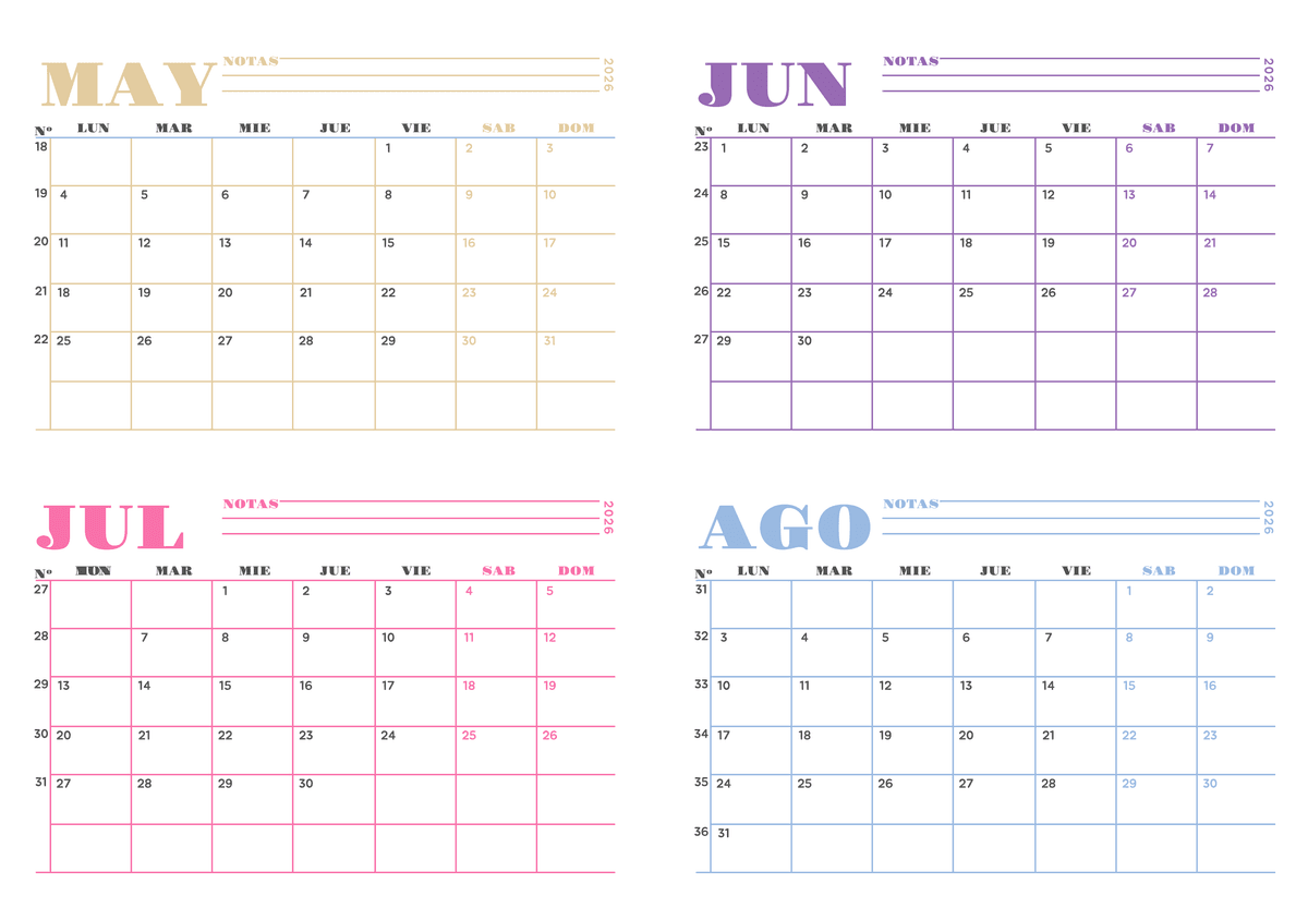 Calendario de 4 meses colorido