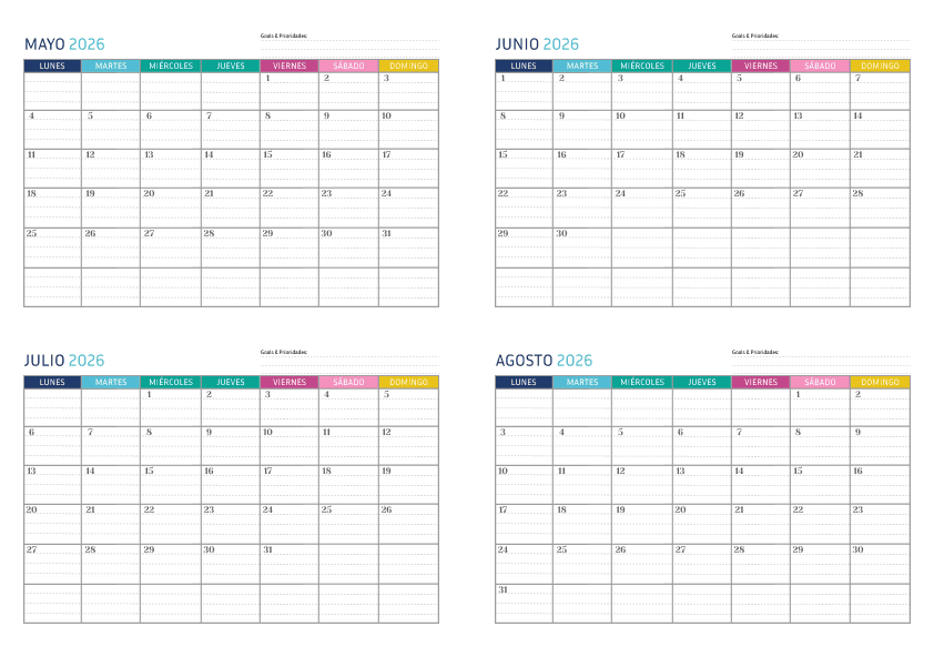 Calendario de 4 meses arcoíris