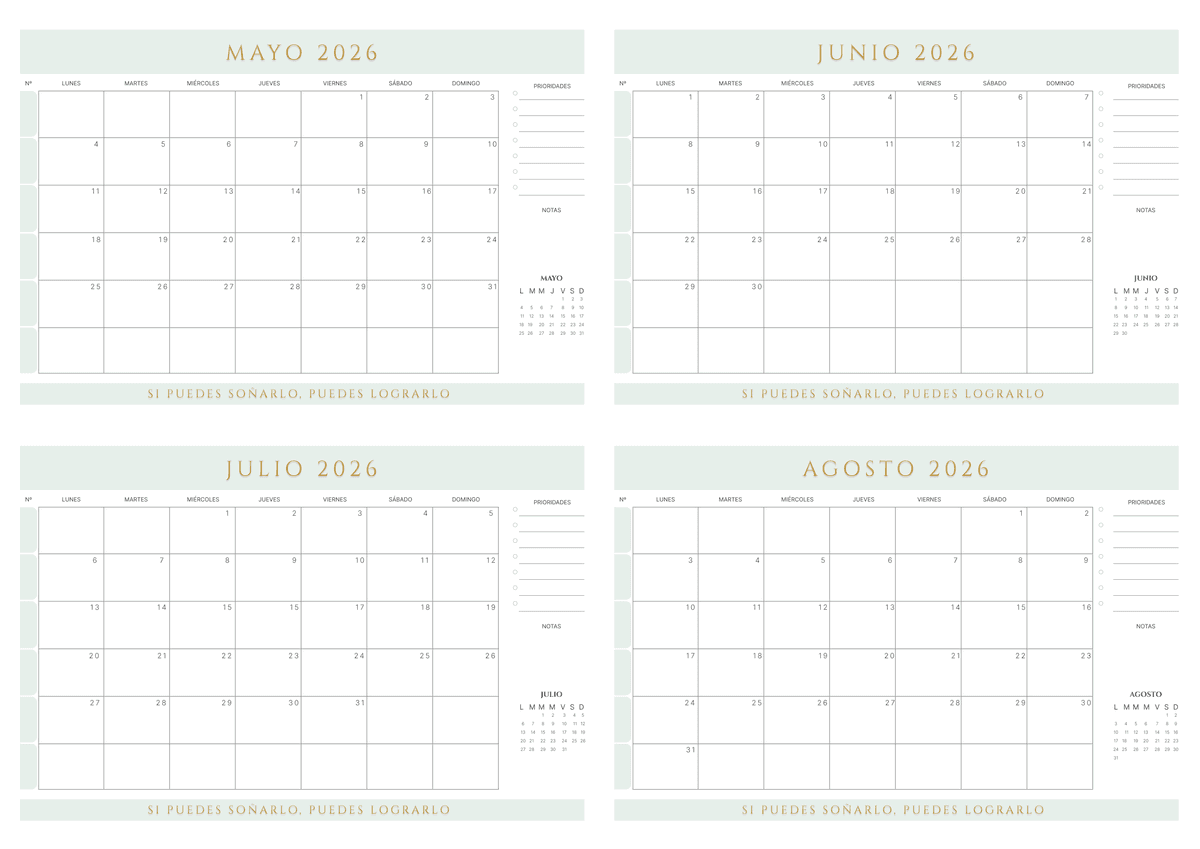 Calendario de 4 meses color salvia