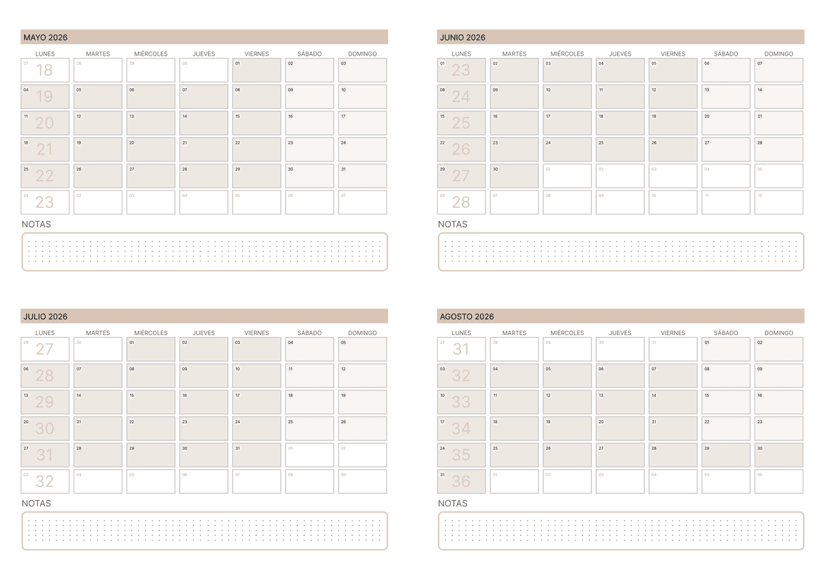 Calendario de 4 meses en color crema