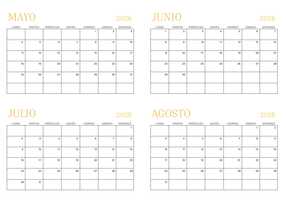 Calendario clásico de 4 meses