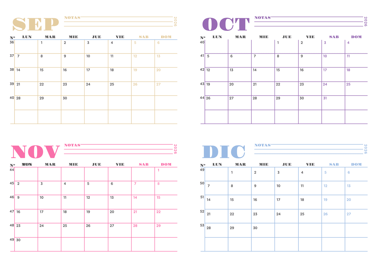 Calendario de 4 meses colorido