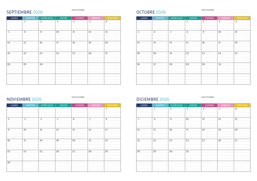 Calendario de 4 meses arcoíris