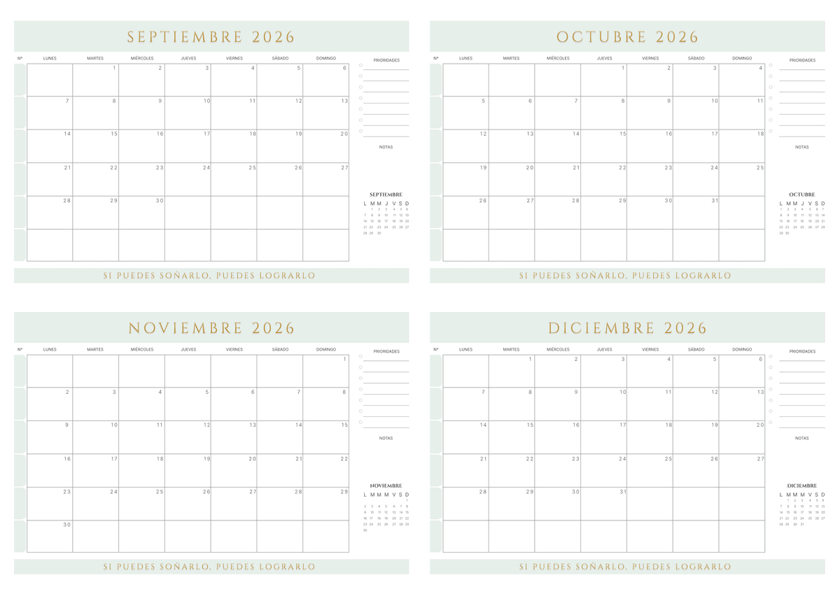 Calendario de 4 meses color salvia