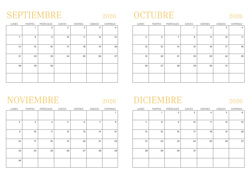 Calendario clásico de 4 meses