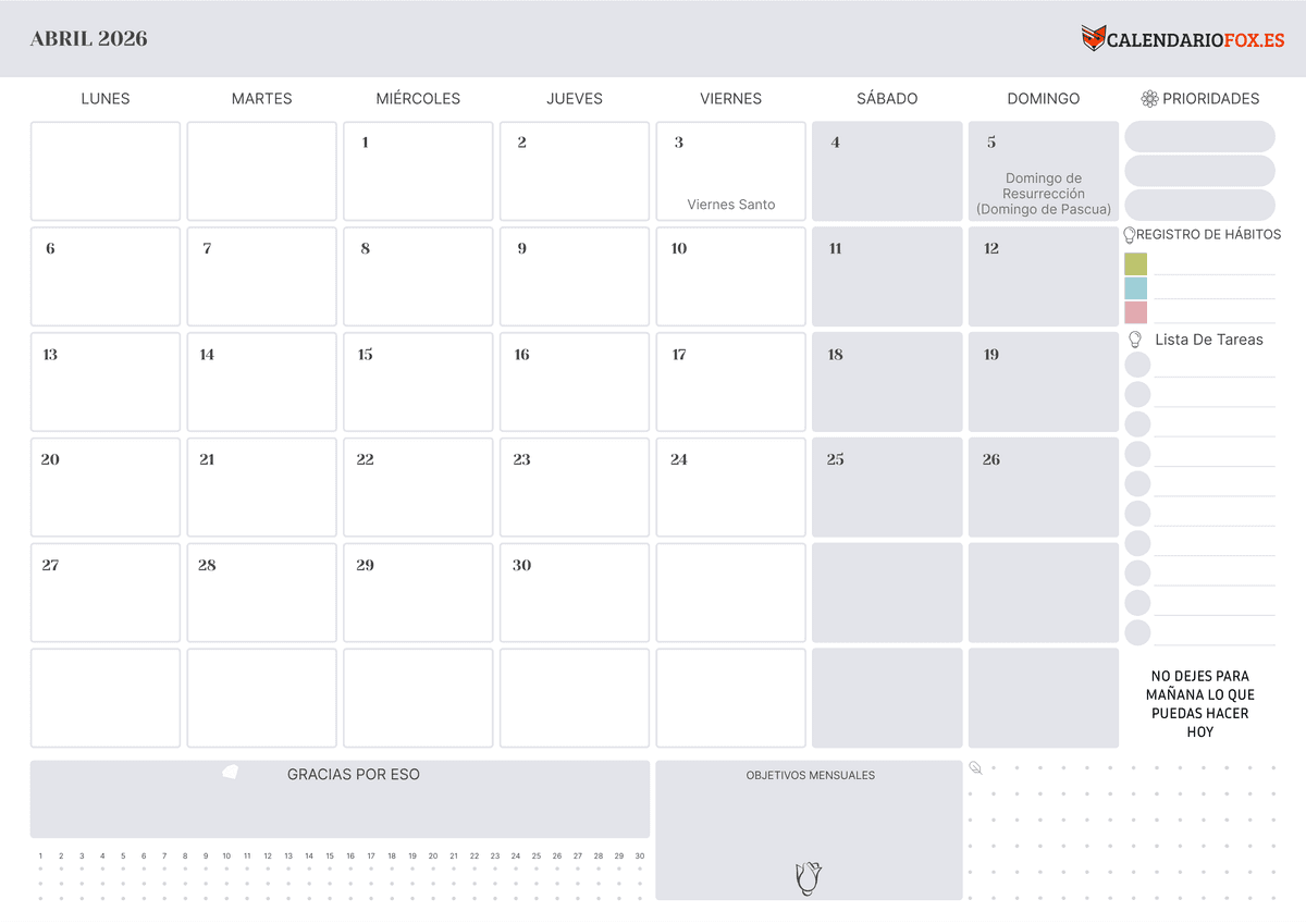 Calendario abril con Festivos