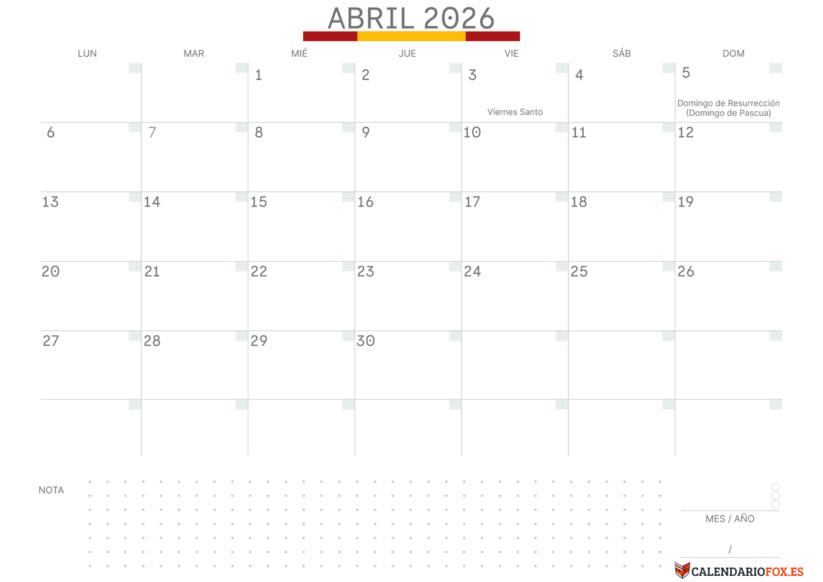Calendario abril Con Notas