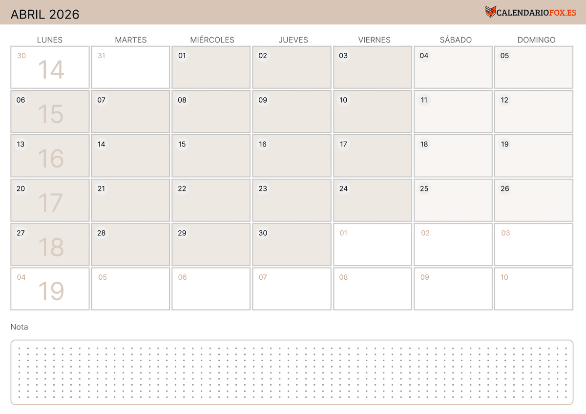 Calendario de abril con Números de Semana