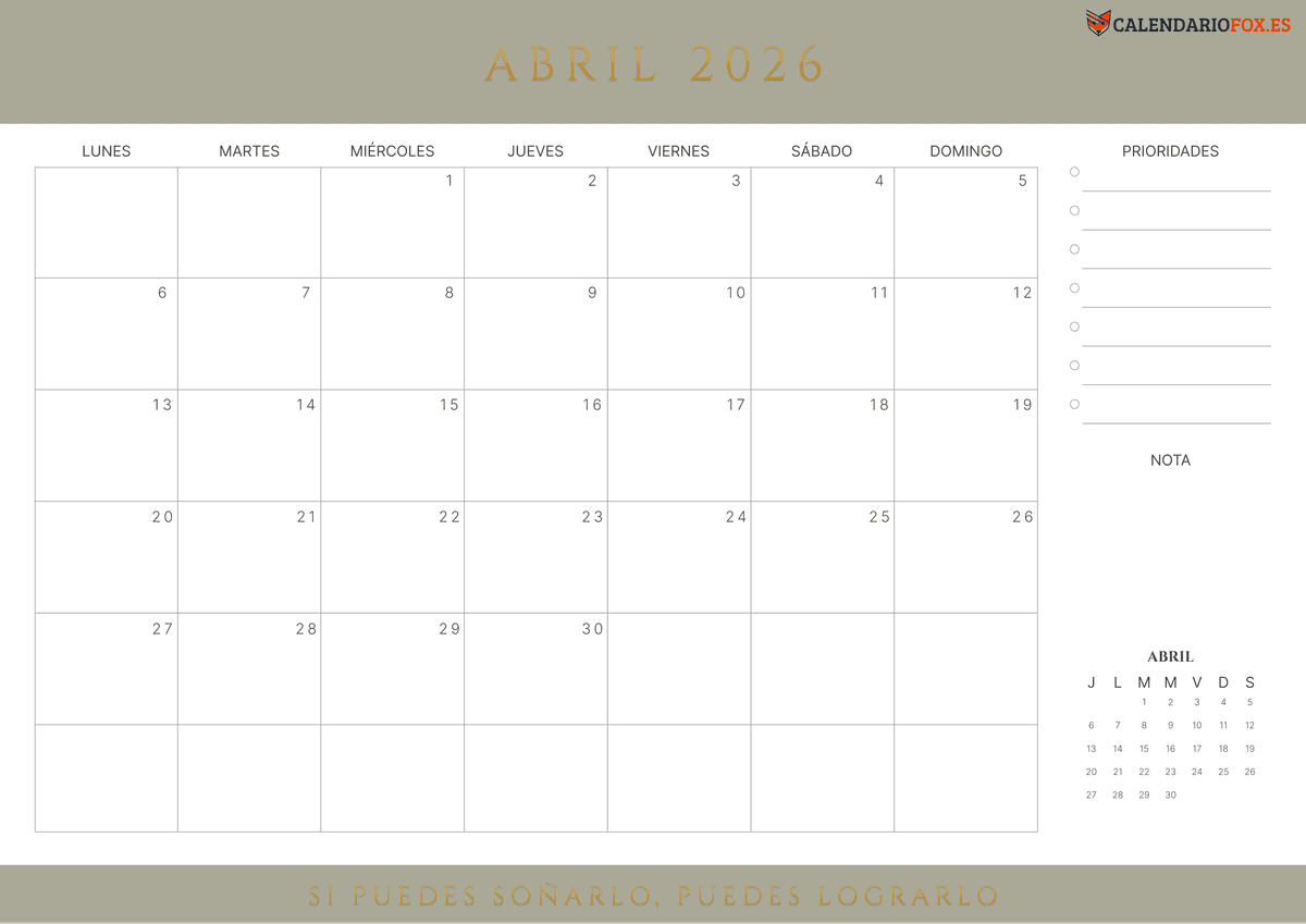 Calendario de abril con Citas Inspiradoras