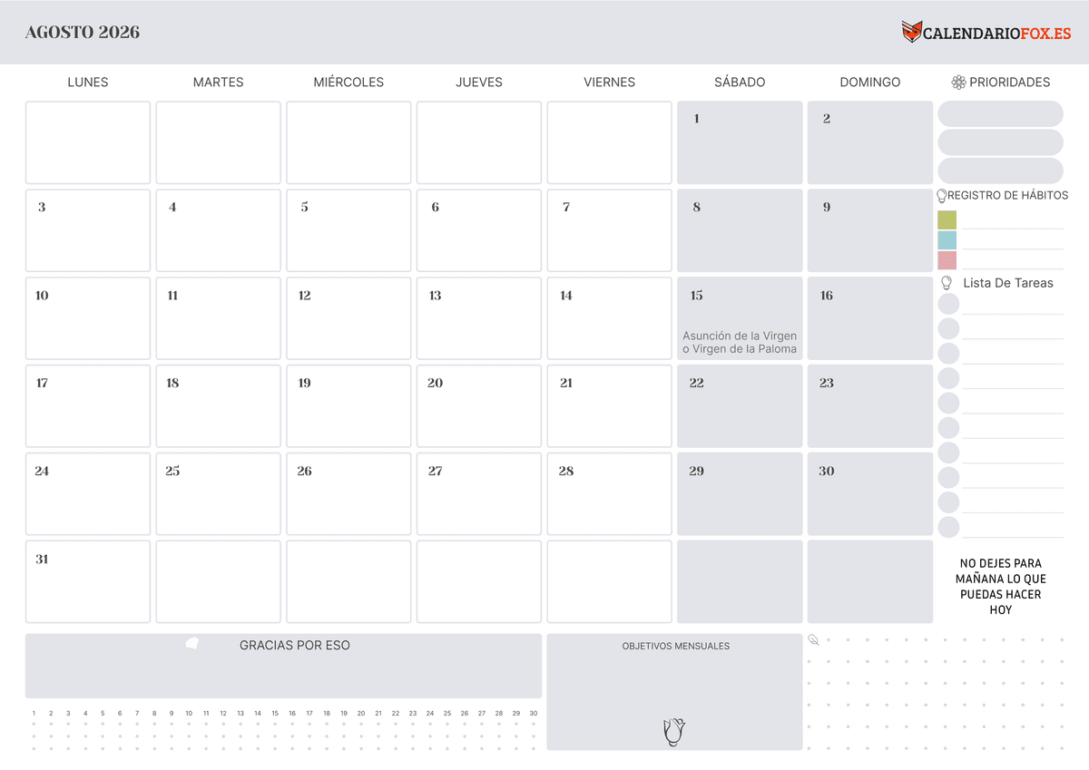 Calendario agosto con Festivos