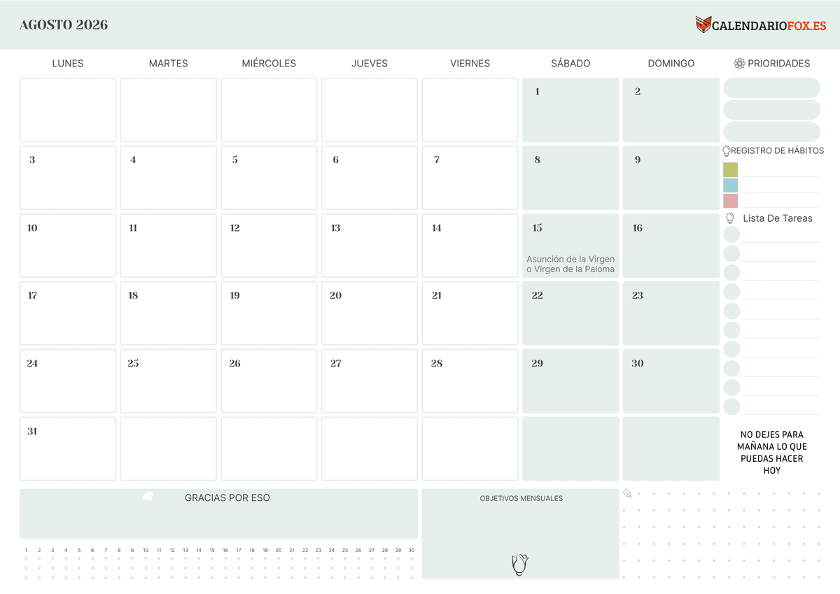 Calendario agosto 2026 Con To Do List