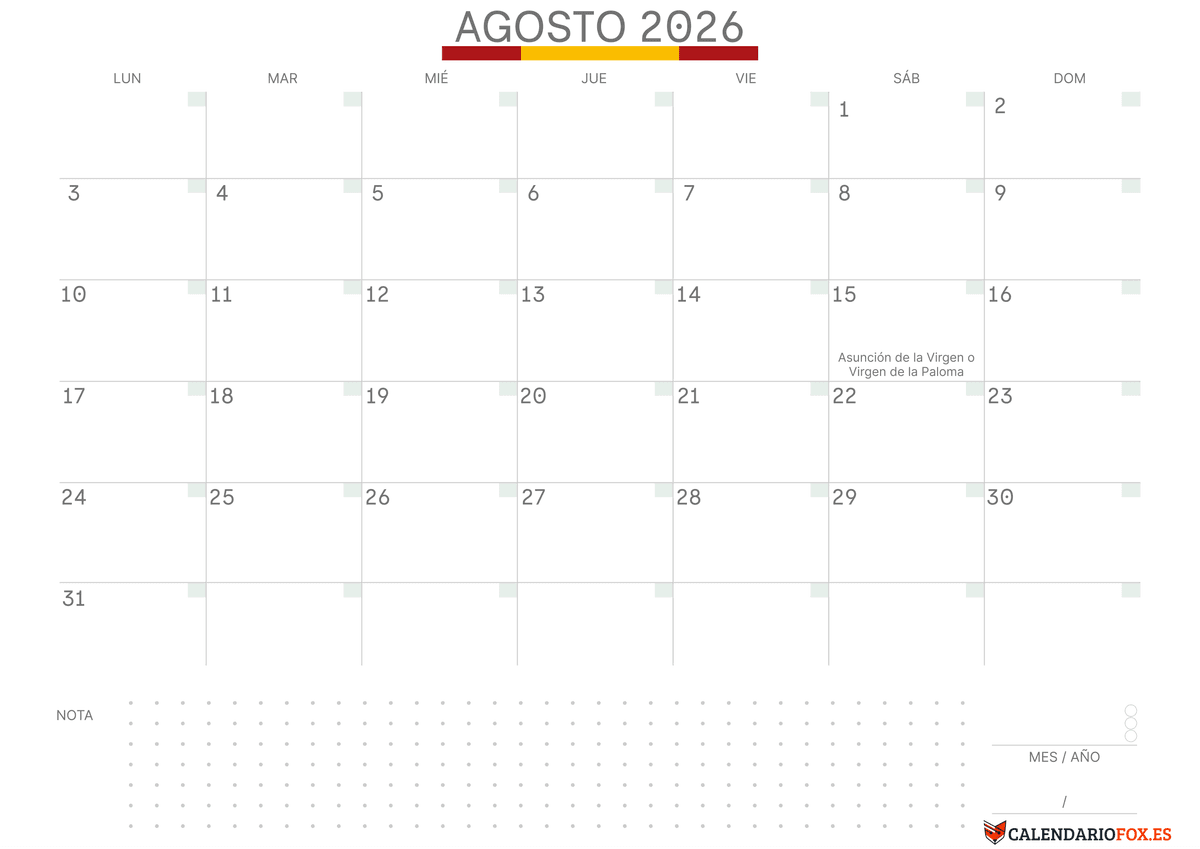 Calendario agosto Con Notas
