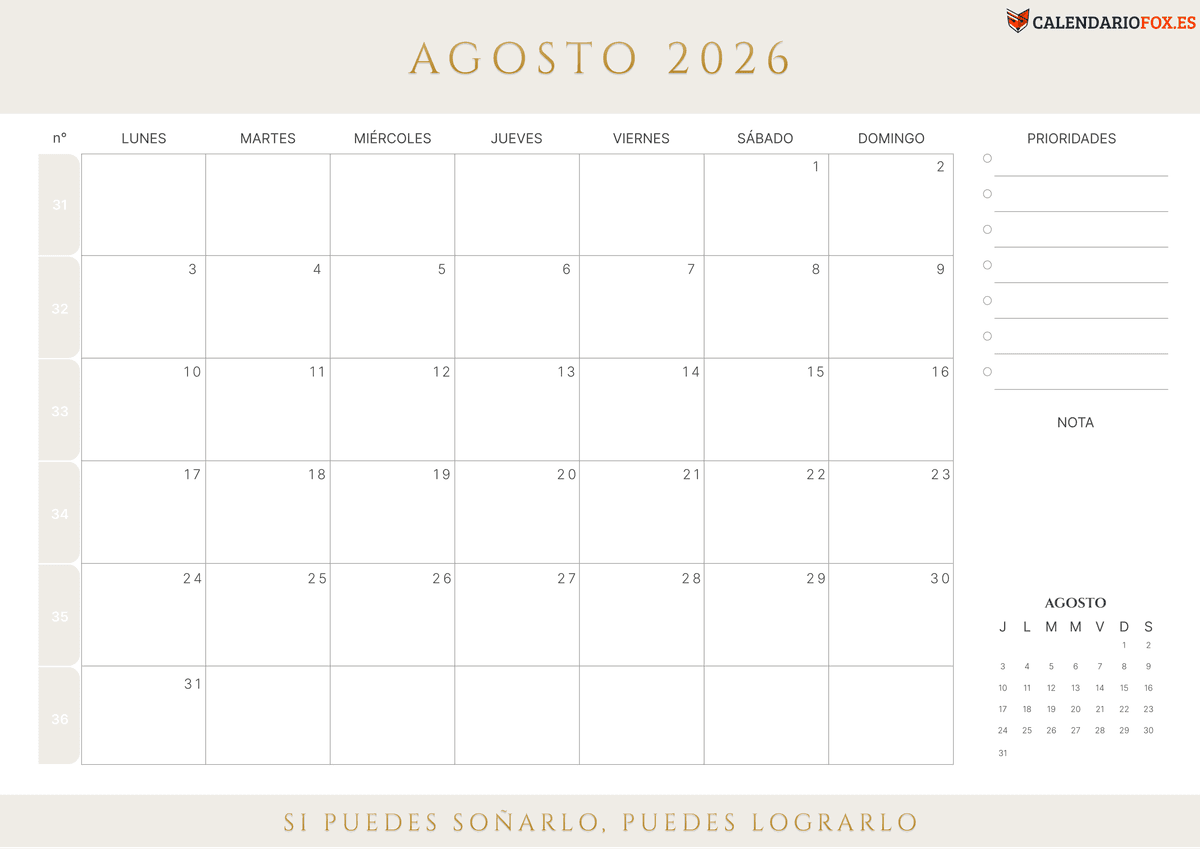 Calendario agosto 2026 con Numero de Semana