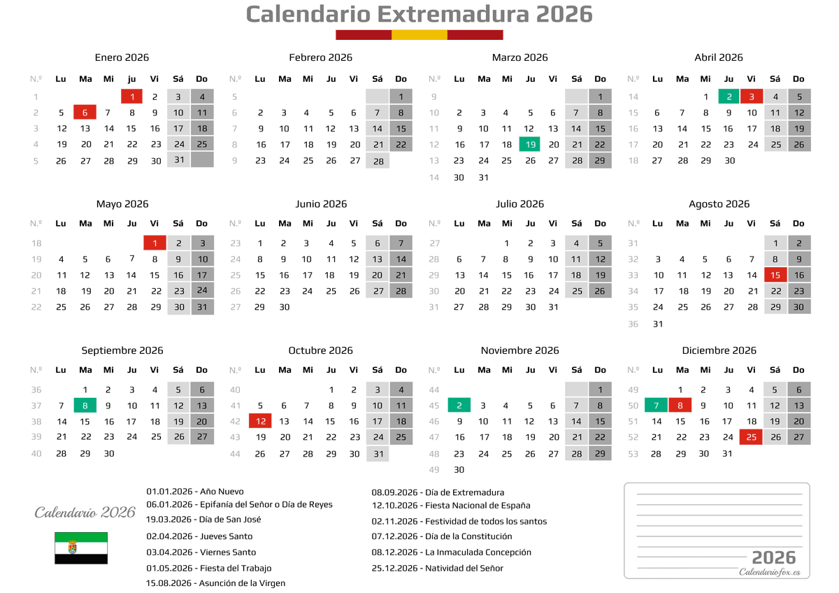 Calendario Laboral Extremadura 2026