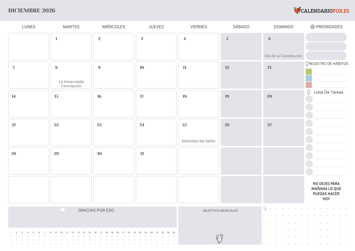 Calendario diciembre con Festivos