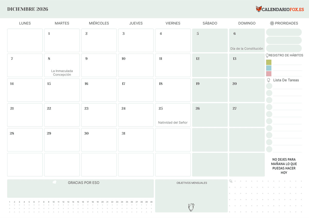 Calendario diciembre 2026 Con To Do List