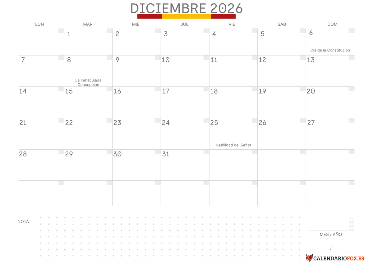 Calendario diciembre Con Notas
