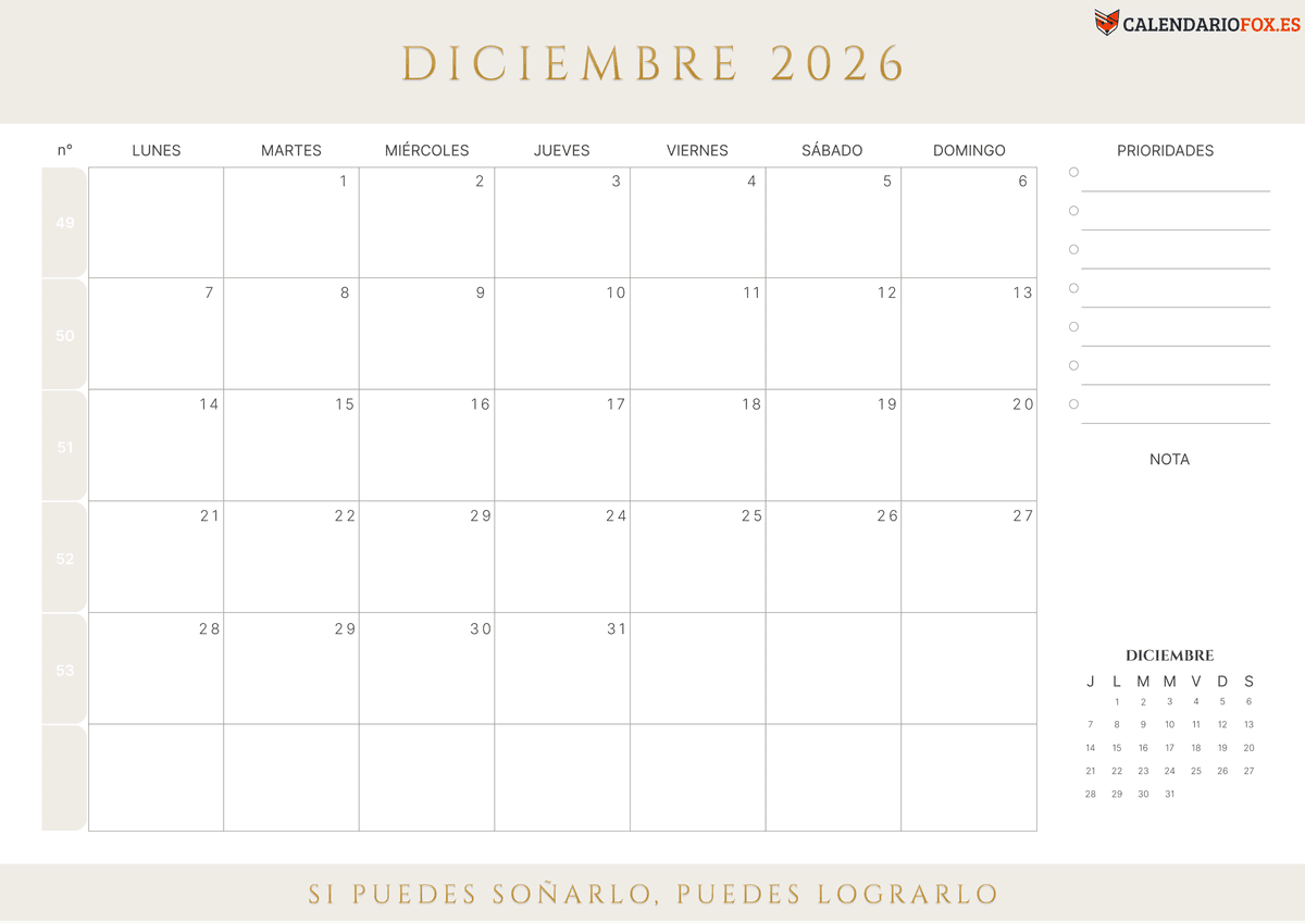 Calendario diciembre 2026 con Numero de Semana
