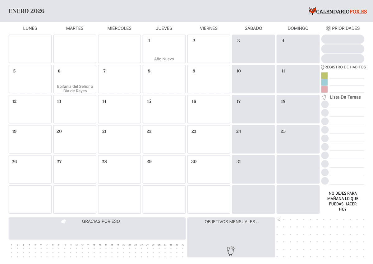 Calendario Enero con Festivos