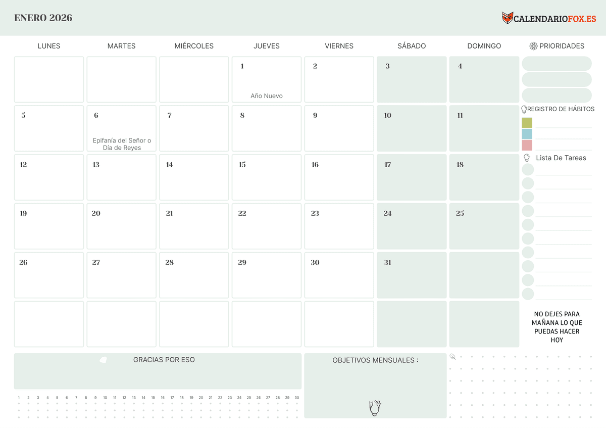 Calendario Enero 2026 Con To Do List