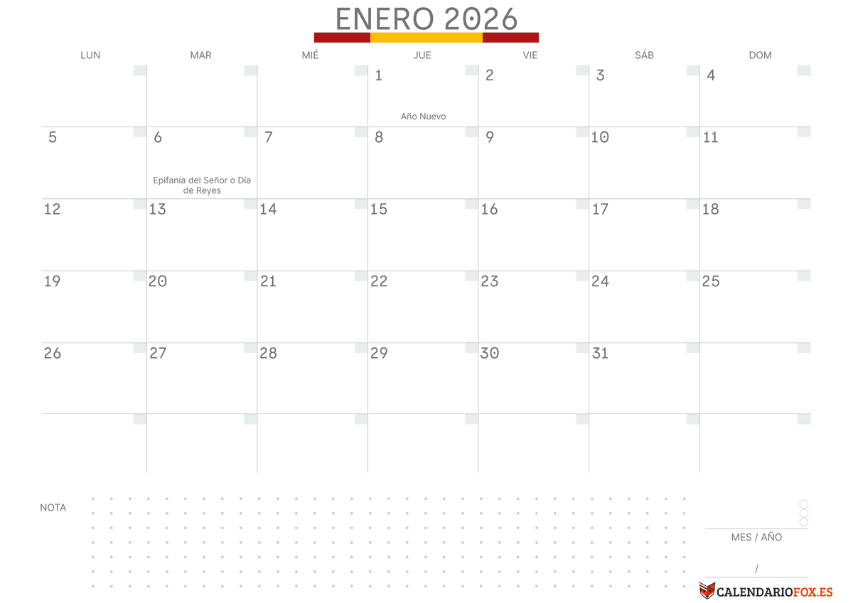 Calendario Enero Con Notas