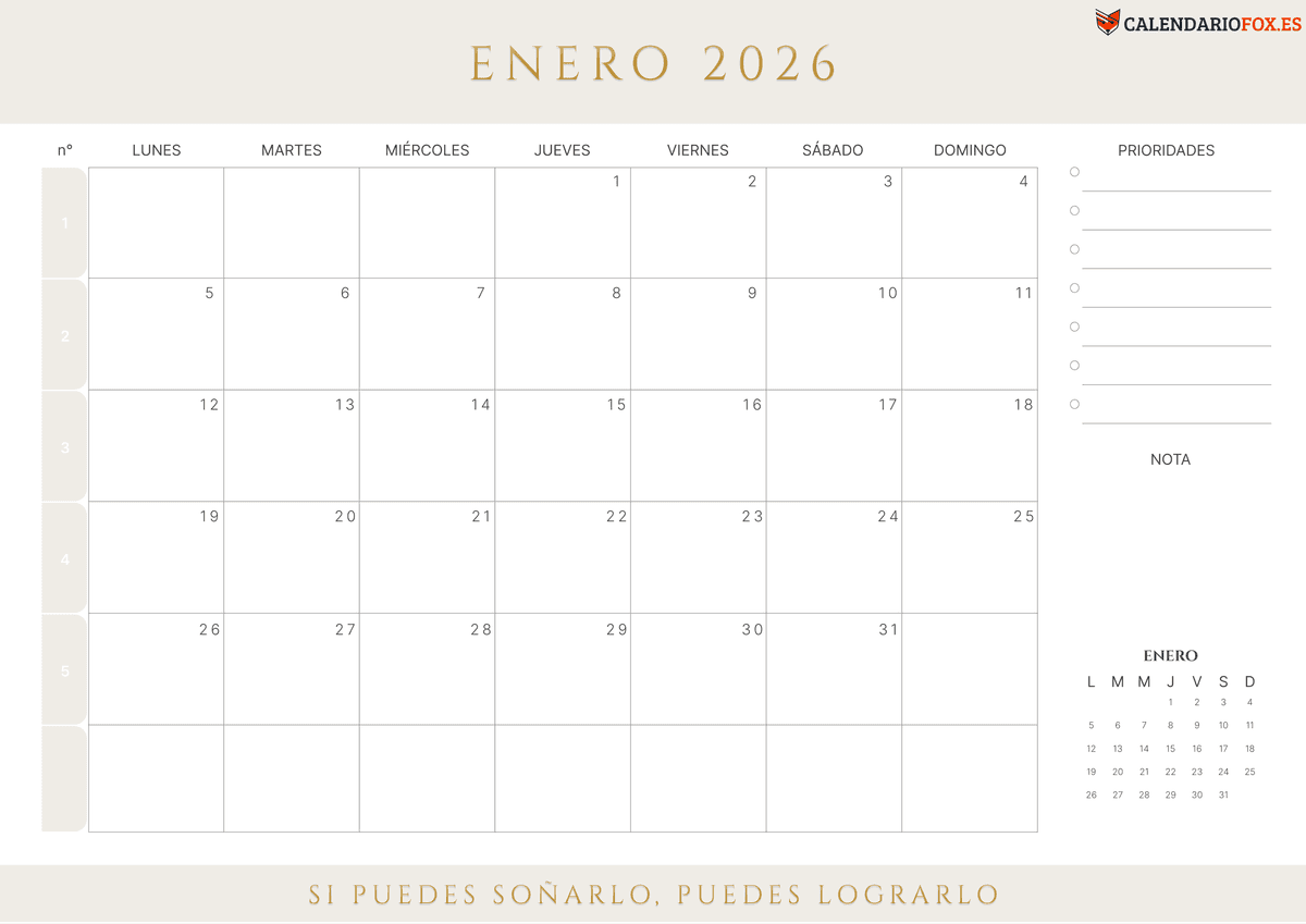 Calendario Enero 2026 con Numero de Semana