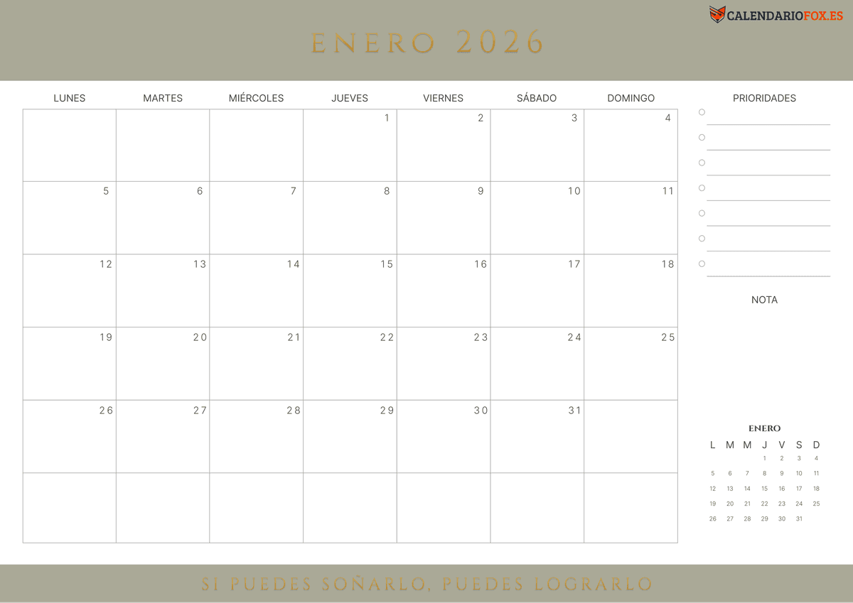 Calendario de Enero con Citas Inspiradoras