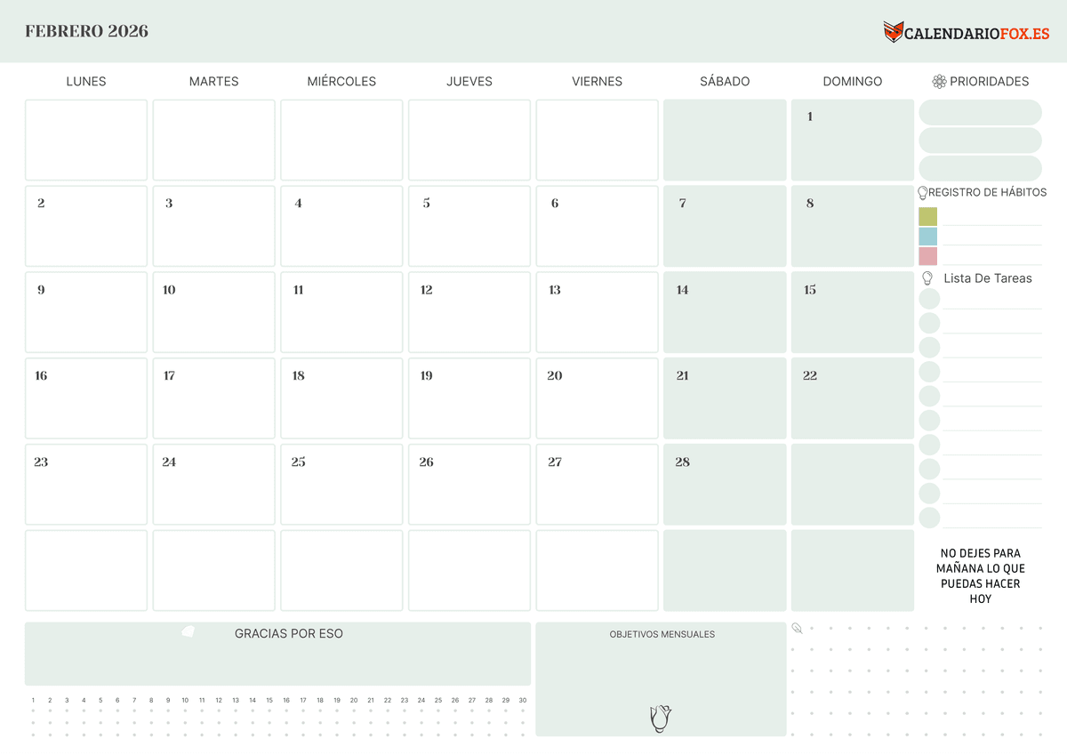 Calendario Febrero 2026 Con To Do List