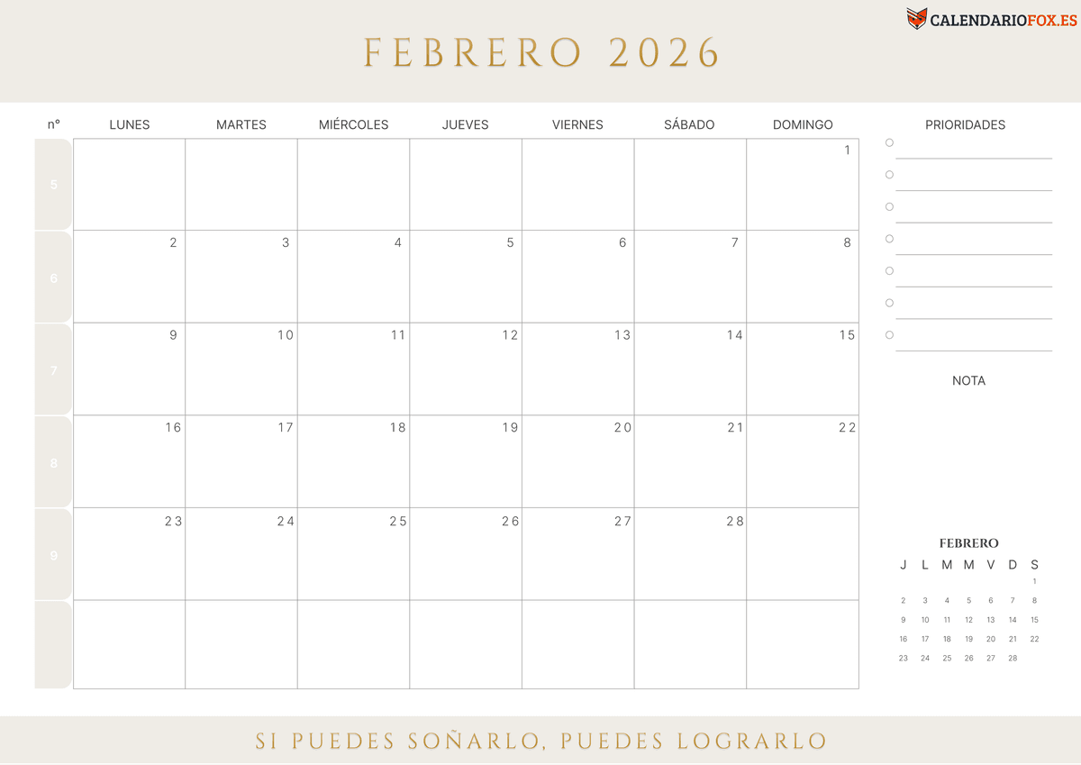 Calendario Febrero 2026 con Numero de Semana