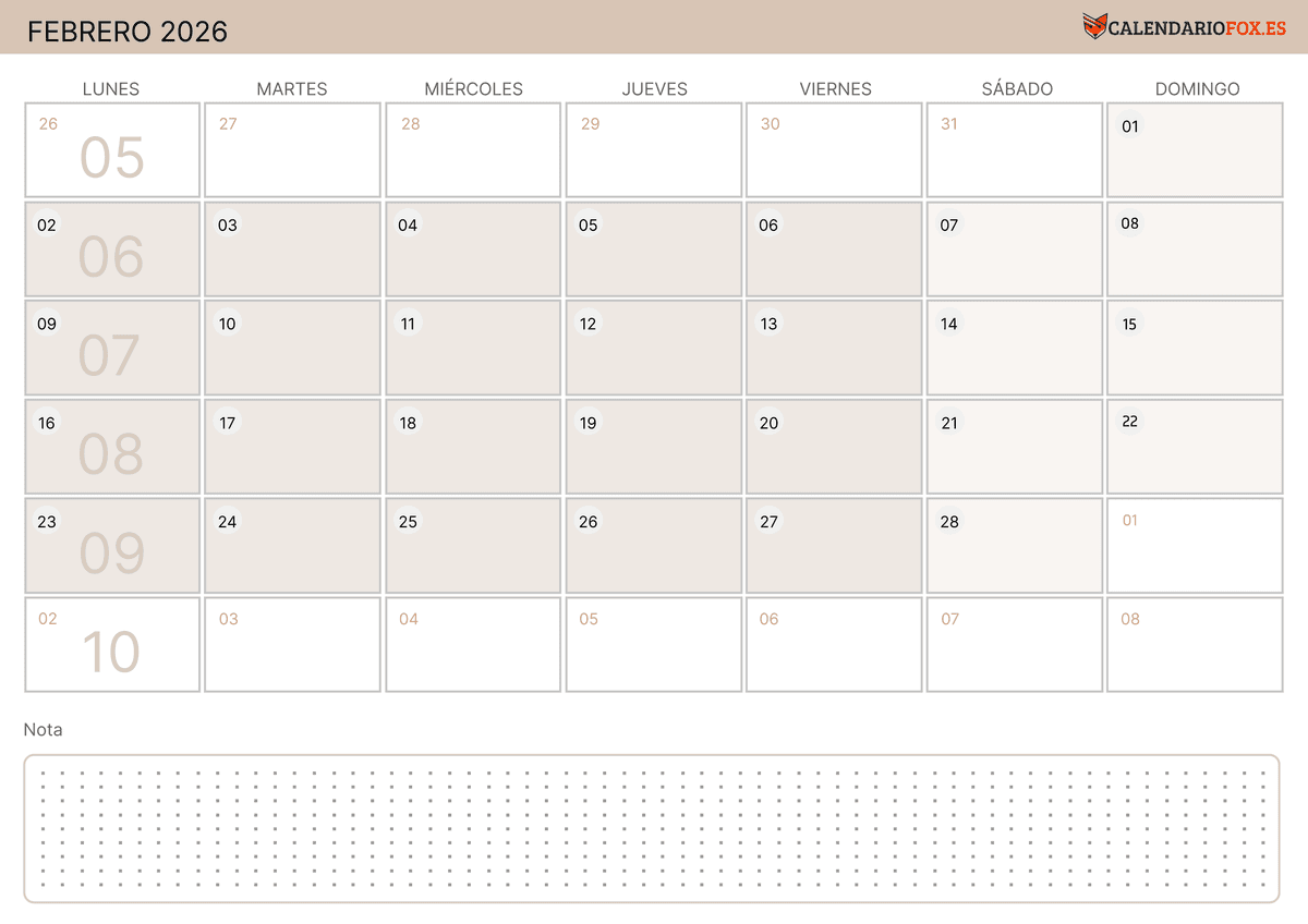 Calendario de febrero con Números de Semana