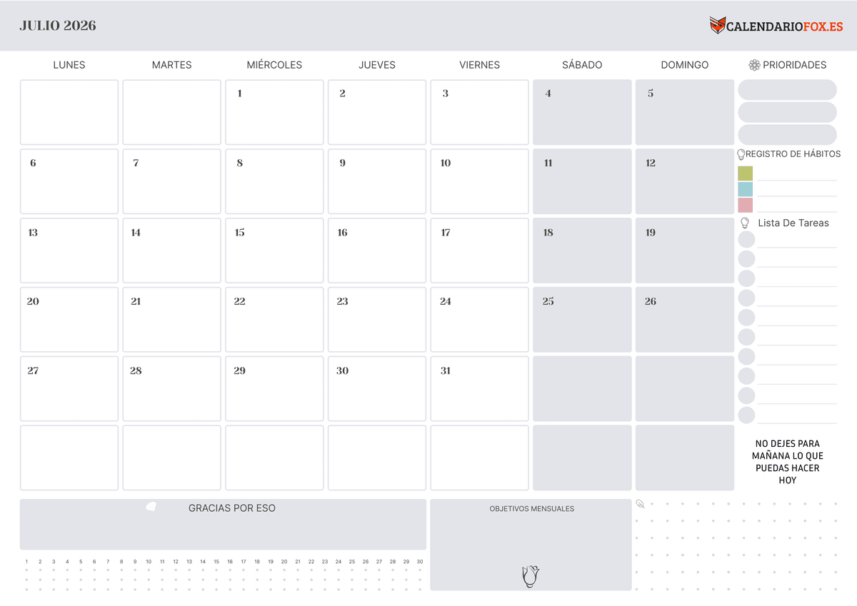 Calendario julio con Festivos