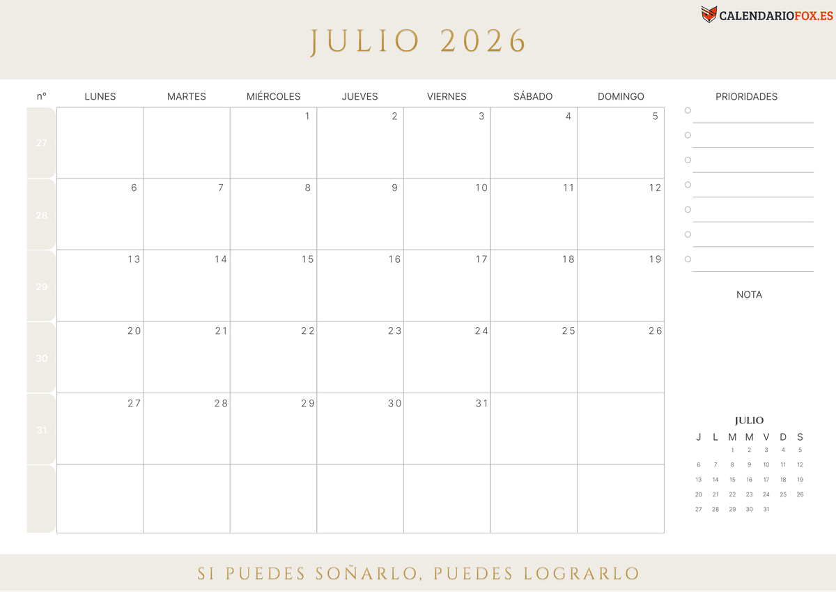 Calendario julio 2026 con Numero de Semana
