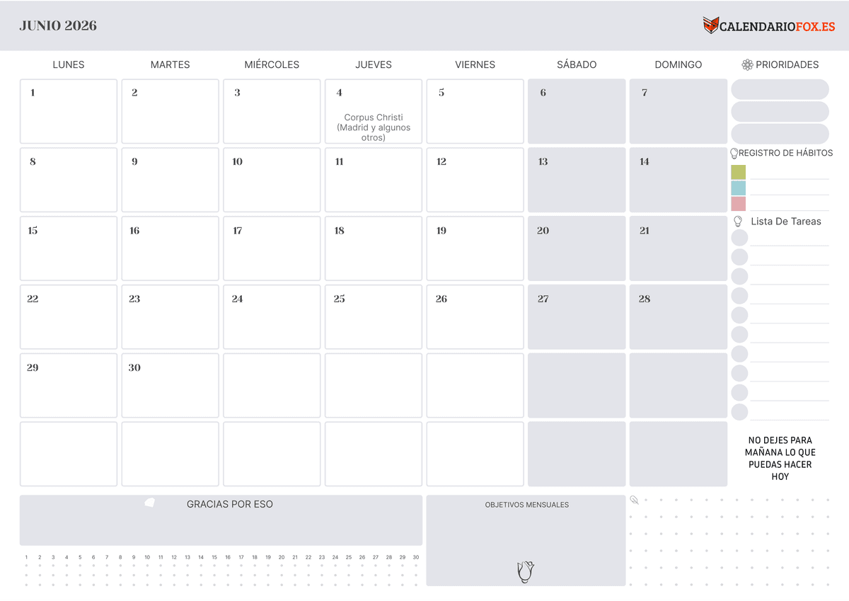 Calendario junio con Festivos