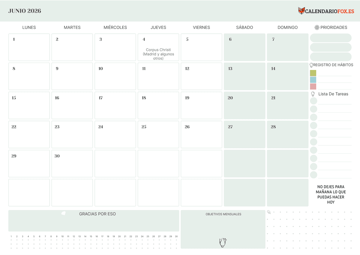 Calendario junio 2026 Con To Do List