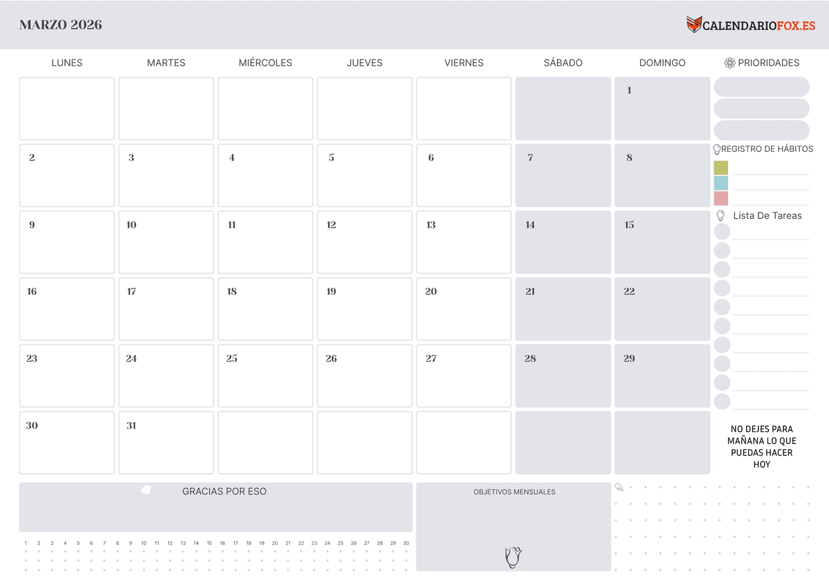 Calendario marzo con Festivos