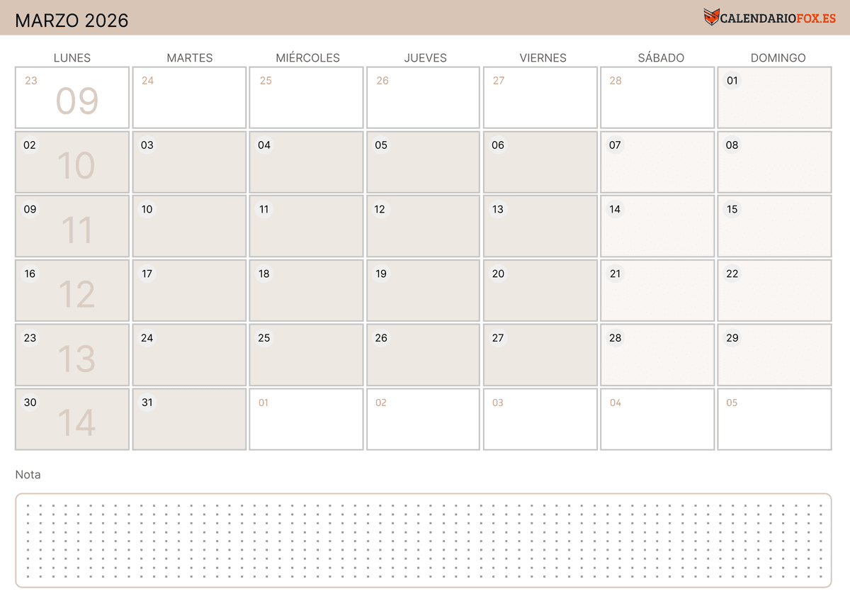 Calendario de marzo con Números de Semana
