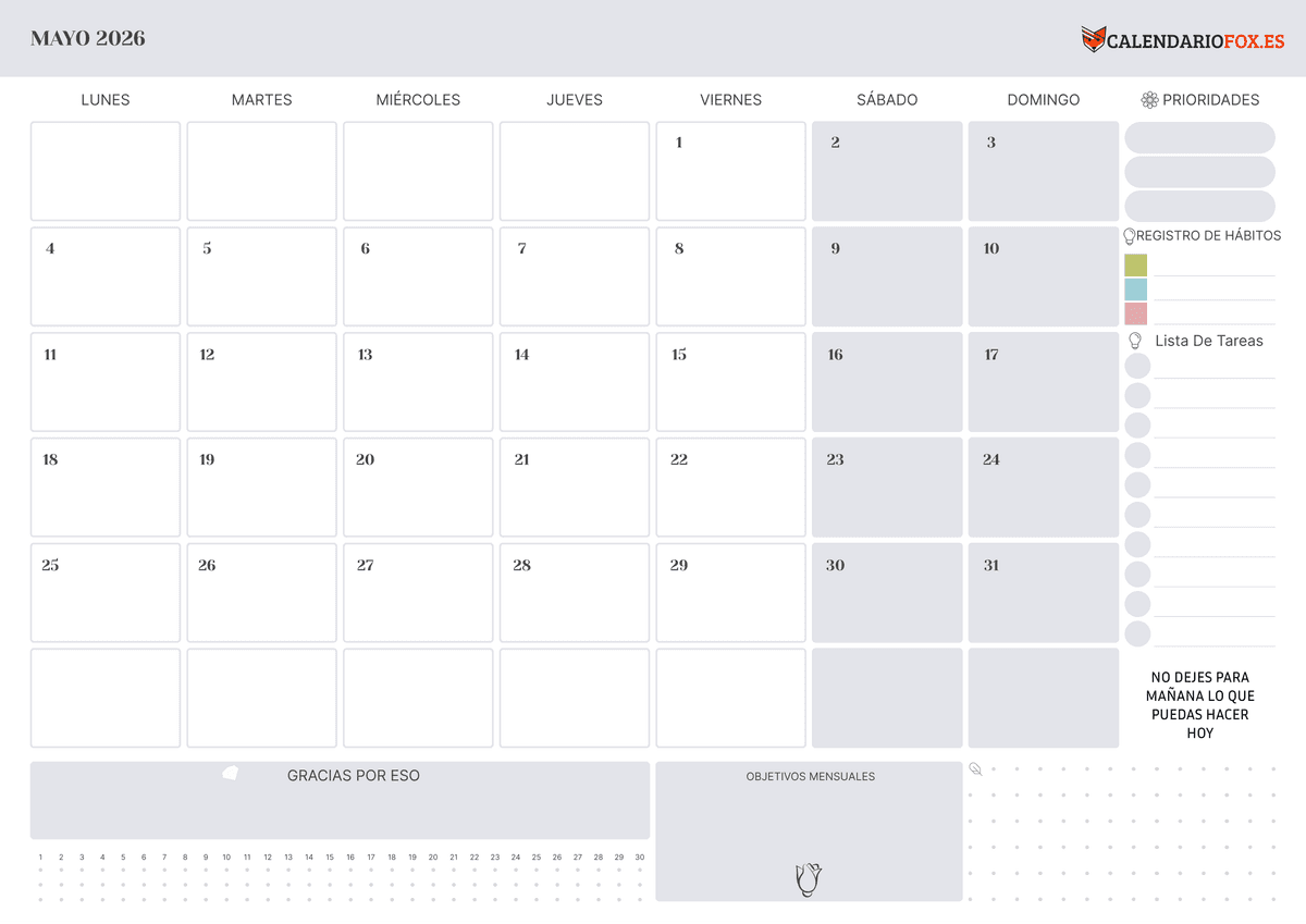 Calendario mayo con Festivos