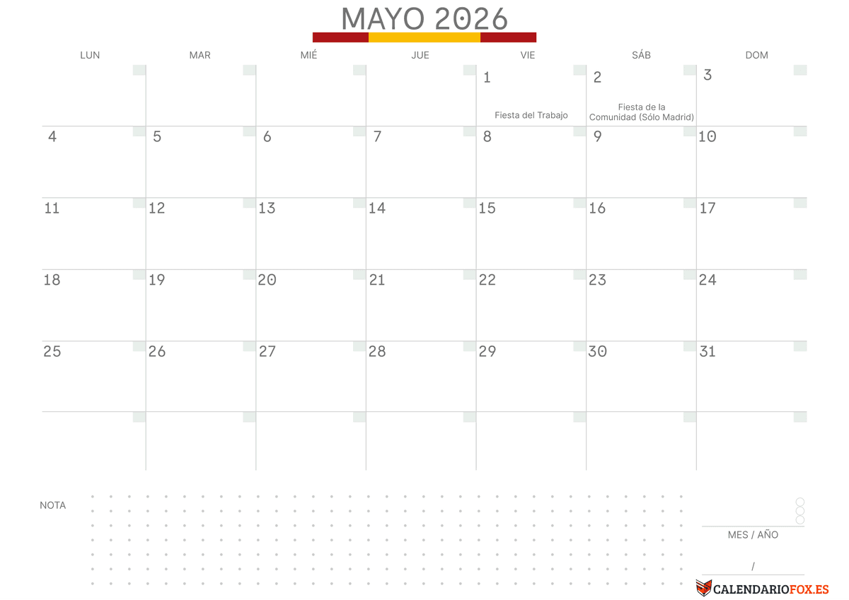 Calendario mayo Con Notas