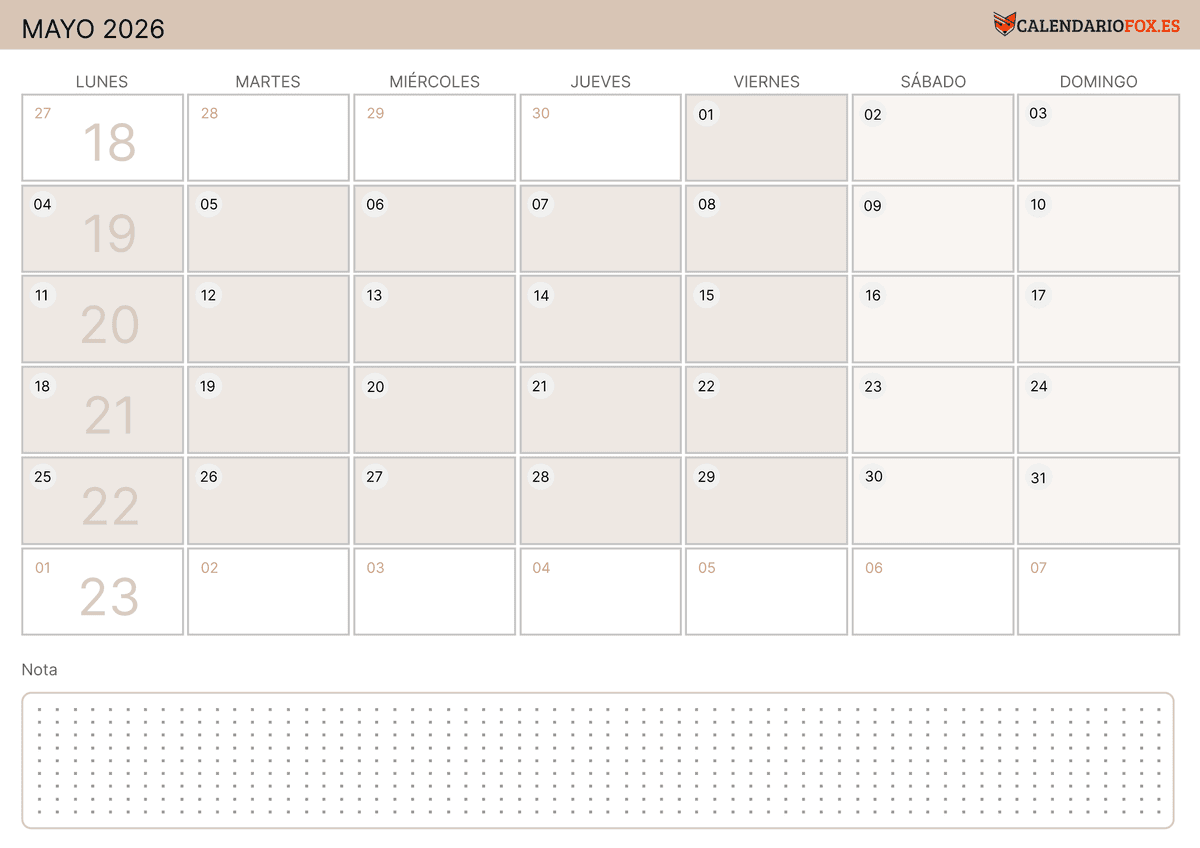 Calendario de mayo con Números de Semana