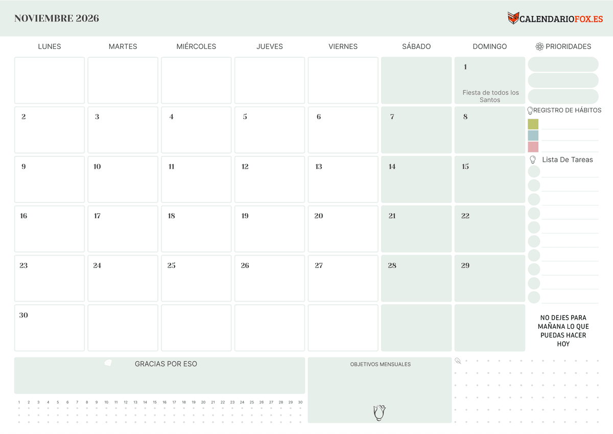 Calendario noviembre 2026 Con To Do List