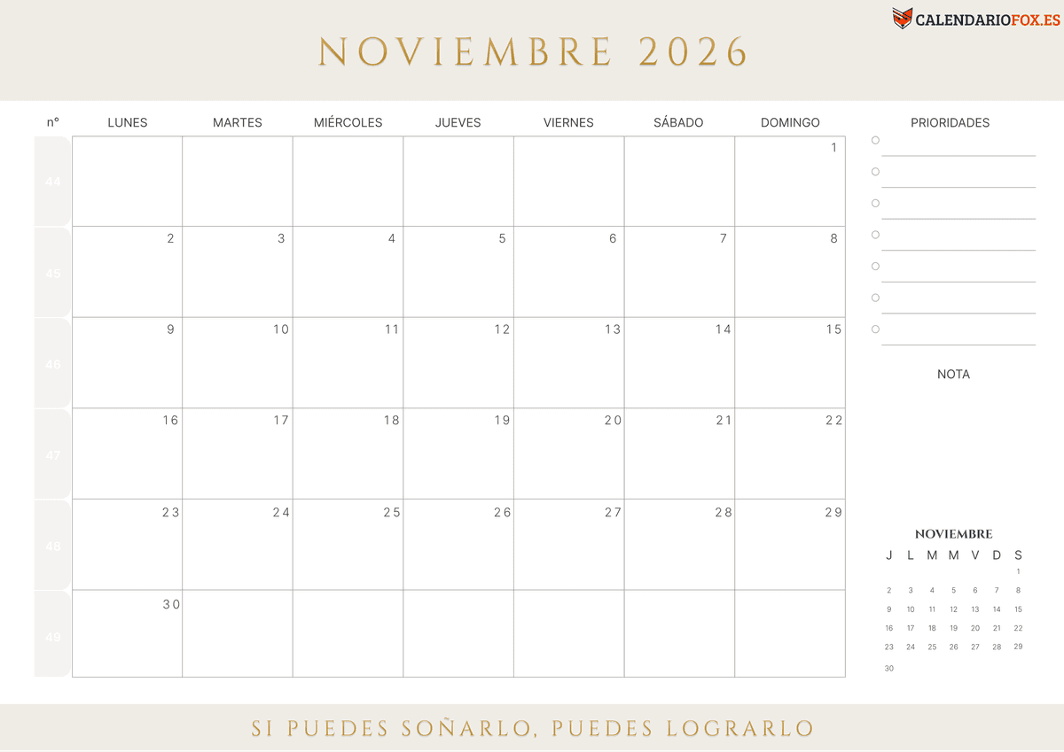 Calendario noviembre 2026 con Numero de Semana