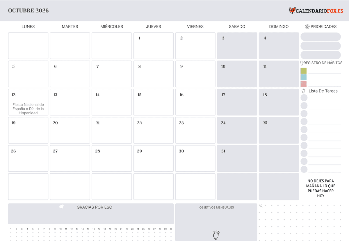 Calendario octubre con Festivos